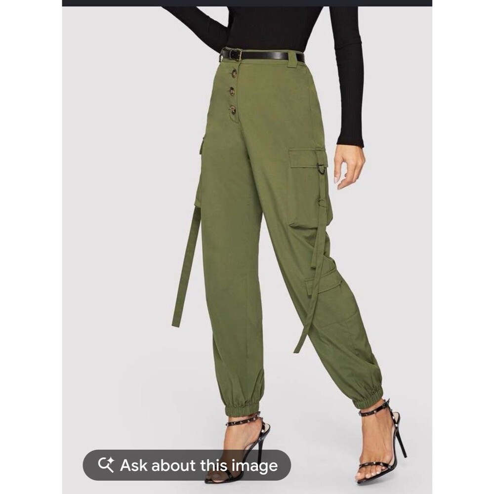Olive Green High-Waist Cargo Jumpsuit Pants